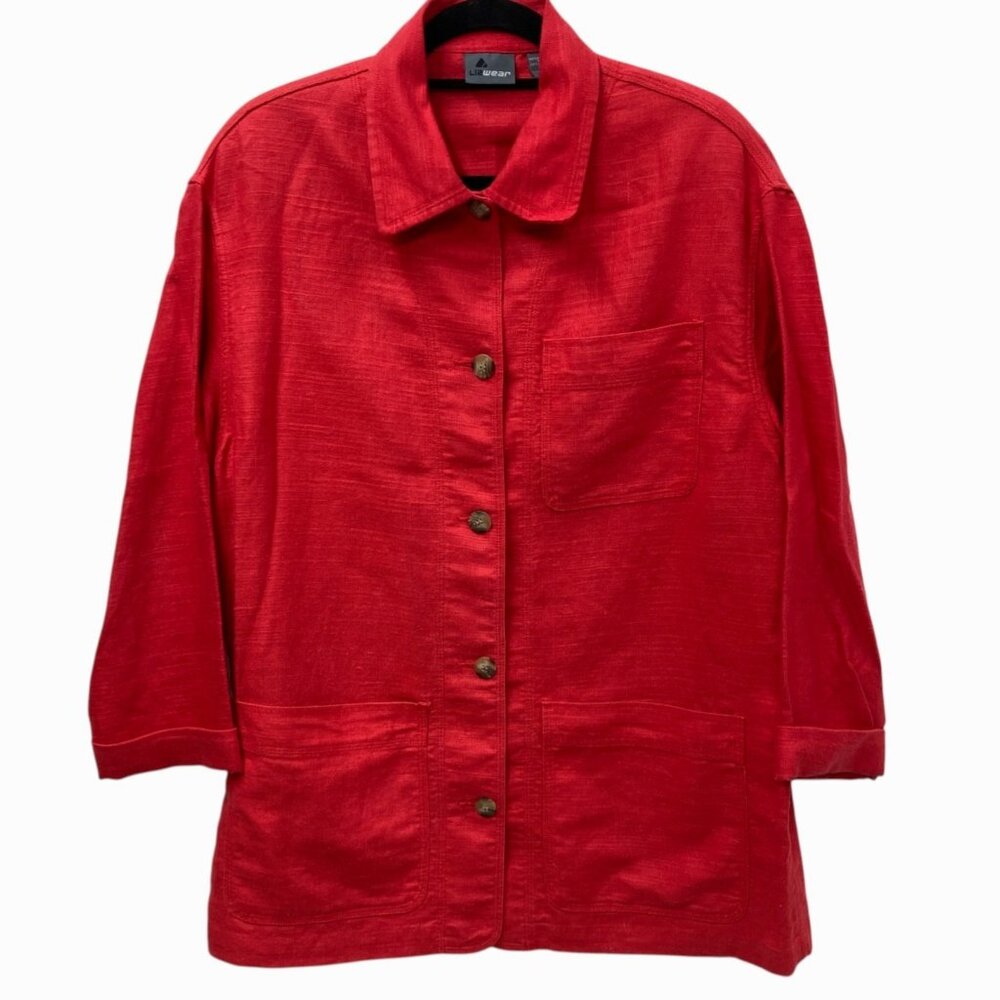 Lizwear Vintage Red‎ Jacket Blazer Size Medium, Woven Ramie Cotton Boxy Pockets